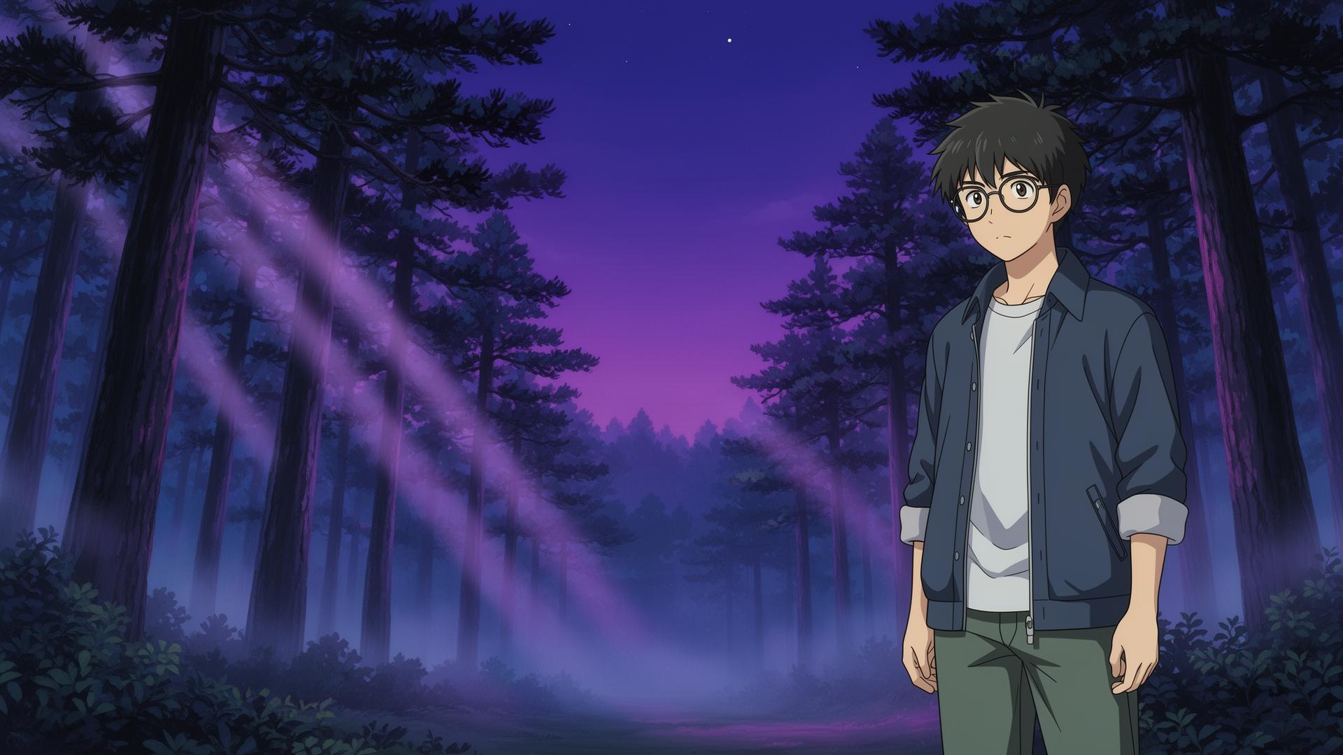 Theo Nakamura in a mystical pine forest at night